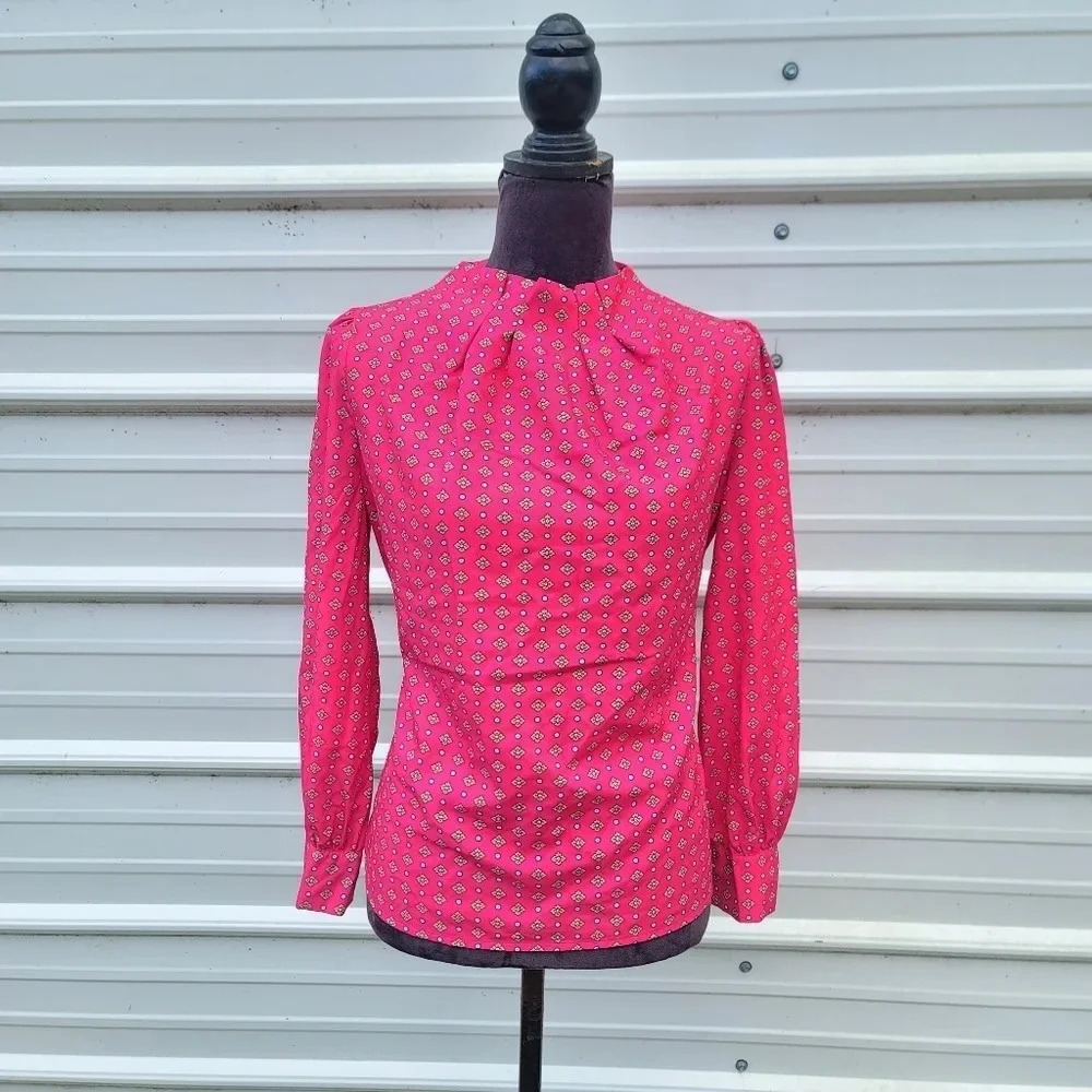 SHEIN Womens Blouse Pleated Neck Print Top Long Sleeve Hot Pink Sz S (4)
